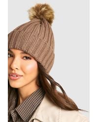 Boohoo - Ribbed Knit Beanie With Large Faux Fur Pom - Lyst