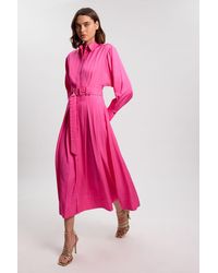 Karen Millen - Petite Premium Viscose Linen Woven Shirt Dress With Buckle Belt - Lyst