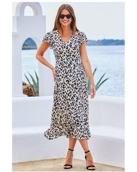 Sosandar - Leopard Print Angel Sleeve Fit & Flare Midi Dress - Lyst