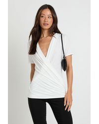 Boohoo - Tall Double Layer Slinky Super Cowl Neck Short Sleeve Ruched Top - Lyst