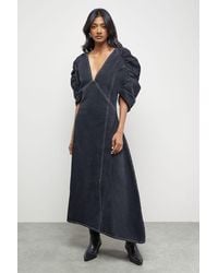 Warehouse - Denim Gathered Shoulder Seam Detail Midi Dress - Lyst
