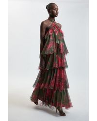 Karen Millen - Floral Print Layered Tulle Halterneck Maxi Dress - Lyst