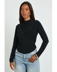 Boohoo - Double Layer Slinky High Neck Wrap Long Sleeve Top - Lyst