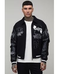 BoohooMAN - Tall Boxy Fit Melton & Pu Mixed Fabric Applique Varsity Jacket - Lyst