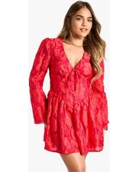 Boohoo - Petite Jacquard Floral Corset Detail Skater Dress - Lyst