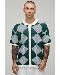BoohooMAN - Relaxed Fit Open Stitch Diamond Crochet Knitted Shirt - Lyst