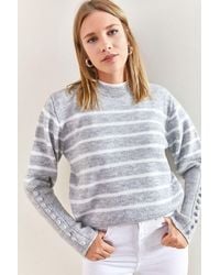Bianco Lucci - Striped Knit Sweater With Button Detail - Lyst