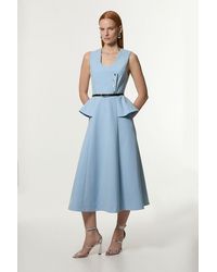 Karen Millen - Petite Compact Stretch Belted Peplum Detail Full Skirted Midi Dress - Lyst