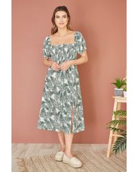 Yumi' - Organic Cotton Palm Print Midi Dress With Side Split - Lyst