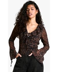 Boohoo - Chiffon Leopard Ruffle Tie Front Blouse - Lyst
