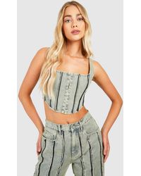 Boohoo - Diamante Detail Dirty Wash Denim Corset Top - Lyst