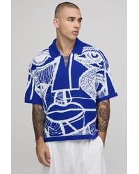 BoohooMAN - Oversized Boxy Abstract Face Graphic Knitted Polo - Lyst