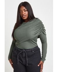 Boohoo - Plus Ribbed Draped Front Long Sleeve Top - Lyst