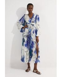 Karen Millen - Floral Balloon Sleeve Pleated Crinkle Cut Out Woven Maxi Dress - Lyst