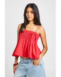 Boohoo - Tie Strap Shirred Peplum Top - Lyst