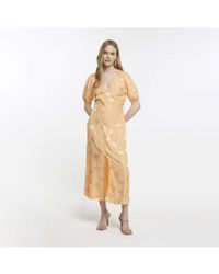 River Island - Swing Midi Dress Jacquard Puff Sleeve Viscose - Lyst
