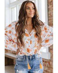 Everyday the Label - Tassel Tie V Neck Bubble Sleeve Floral Blouse - Lyst