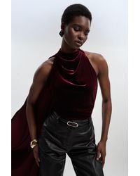 Karen Millen - Stretch Velvet High Neck Cape Shoulder Bodysuit - Lyst