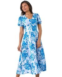 Roman - Button Through Floral Shirred Midi Dress - Lyst