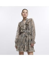 River Island - Mini Shirt Dress Cream Animal Print Frill - Lyst