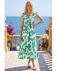 Roman - Floral Print Frill Shirred Midi Dress - Lyst