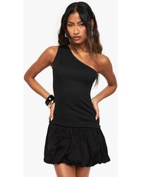Boohoo - Jersey Rib Cotton Mix One Shoulder Puffball Mini Dress - Lyst