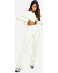 Boohoo - Soft Cable Knitted Cardigan, Crop Top And Flare Leg Trouser 3 Piece Set - Lyst
