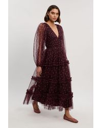 Karen Millen - Polka Dot Tulle Plunge Balloon Sleeve Maxi Dress - Lyst