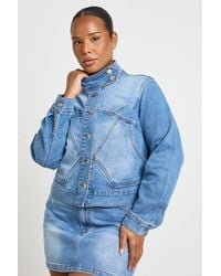 Boohoo - Plus Slim Fit Funnel Neck Seam Detail Denim Jacket - Lyst