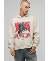 BoohooMAN - Stone Oversized Boxy Houston Texas Print Zip Through Hoodie - Lyst