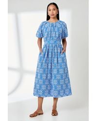 PRINCIPLES - Puff Sleeve Waistband Detail Broderie Midi Dress Cotton - Lyst