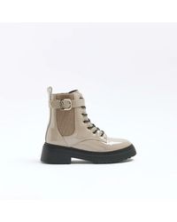 River Island - Boots Patent Buckle Lace Up Pu - Lyst