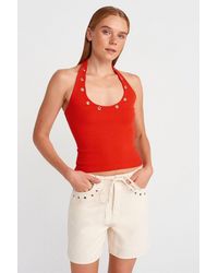 Dilvin - Crop Halterneck Ribbed Blouse With Stone Detail - Lyst