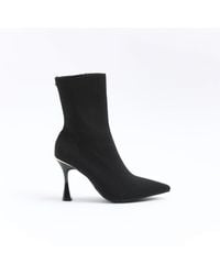 River Island - Ankle Boots Black Knit Heeled Textile - Lyst