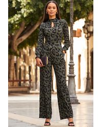 Sosandar - Khaki Print Keyhole Detail Wide Leg Jumpsuit - Lyst