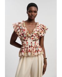 Karen Millen - Tile Print Silk Cotton Ruffle Detail Woven Top - Lyst