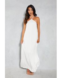 MissPap - Satin Pleated Strappy Halterneck Low Back Maxi Dress - Lyst