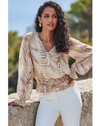Sosandar - Natural Zebra Print Ruffle Hem Shirred Detail Wrap Top - Lyst