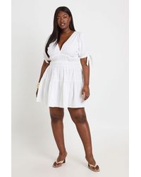 Boohoo - Plus Puff Sleeve V Neck Mini Dress - Lyst