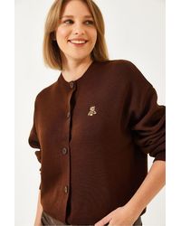 Bianco Lucci - Embroidered Button-Up Ribbed Cardigan - Lyst