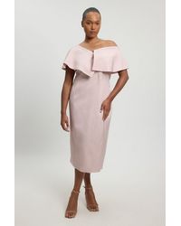 Karen Millen - Plus Size Polished Linen Blend Asymmetric Fold Detail Tailored Midi Pencil Dress - Lyst