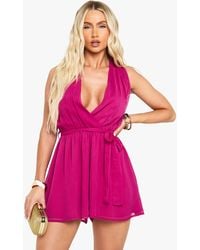 Boohoo - Chiffon Plunge Belted Playsuit - Lyst
