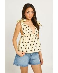 Boohoo - Polka Dot Poplin Tie Shoulder Top - Lyst