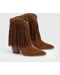 Boohoo - Faux Suede Fringe And Stud Detail Ankle Western Boots - Lyst