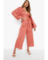 Boohoo - Linen Look Balloon Sleeve Crop & Wide Leg Trousers - Lyst