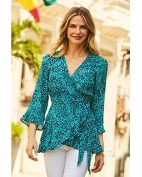 Sosandar - Print Ruffle Hem Fluted Cuff Wrap Top Modal - Lyst