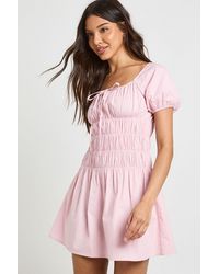 Boohoo - Cotton Poplin Shirred Bodice Puff Sleeve Mini Dress - Lyst