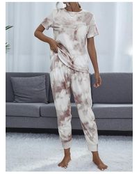 Everyday the Label - Dames Glanzende Tie-dye Ronde Hals Korte Mouwen Top En Broek Lounge Set - Lyst