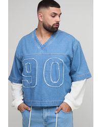 BoohooMAN - Plus Oversized Boxy Faux Layer Applique Denim Varsity Top - Lyst