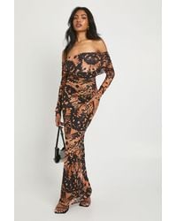 Boohoo - Abstract Printed Bardot Maxi Dress - Lyst